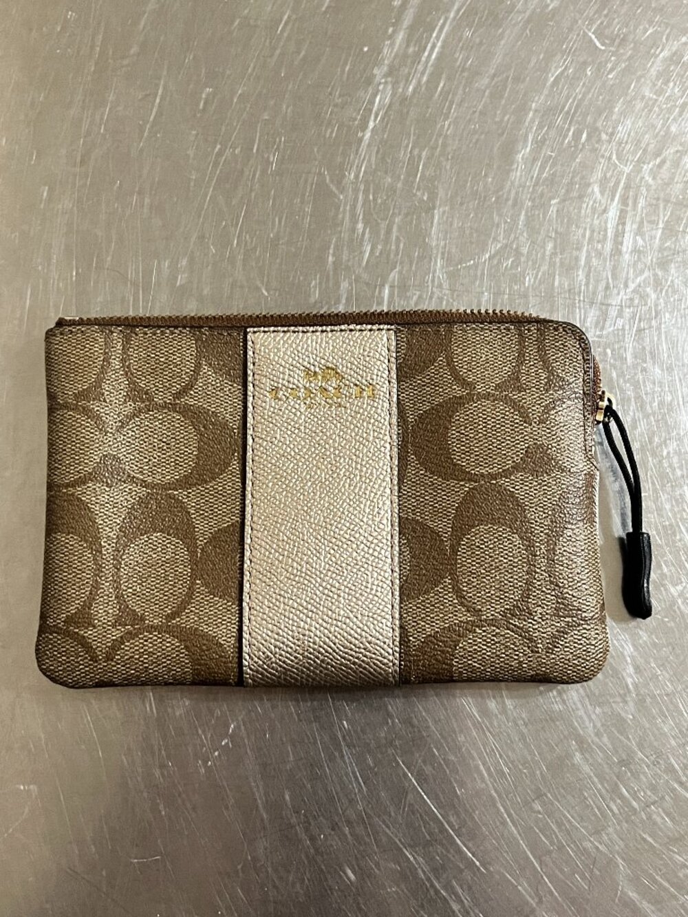 COACH Signature Metallic Gold Coated Canvas Wristlet Wallet.